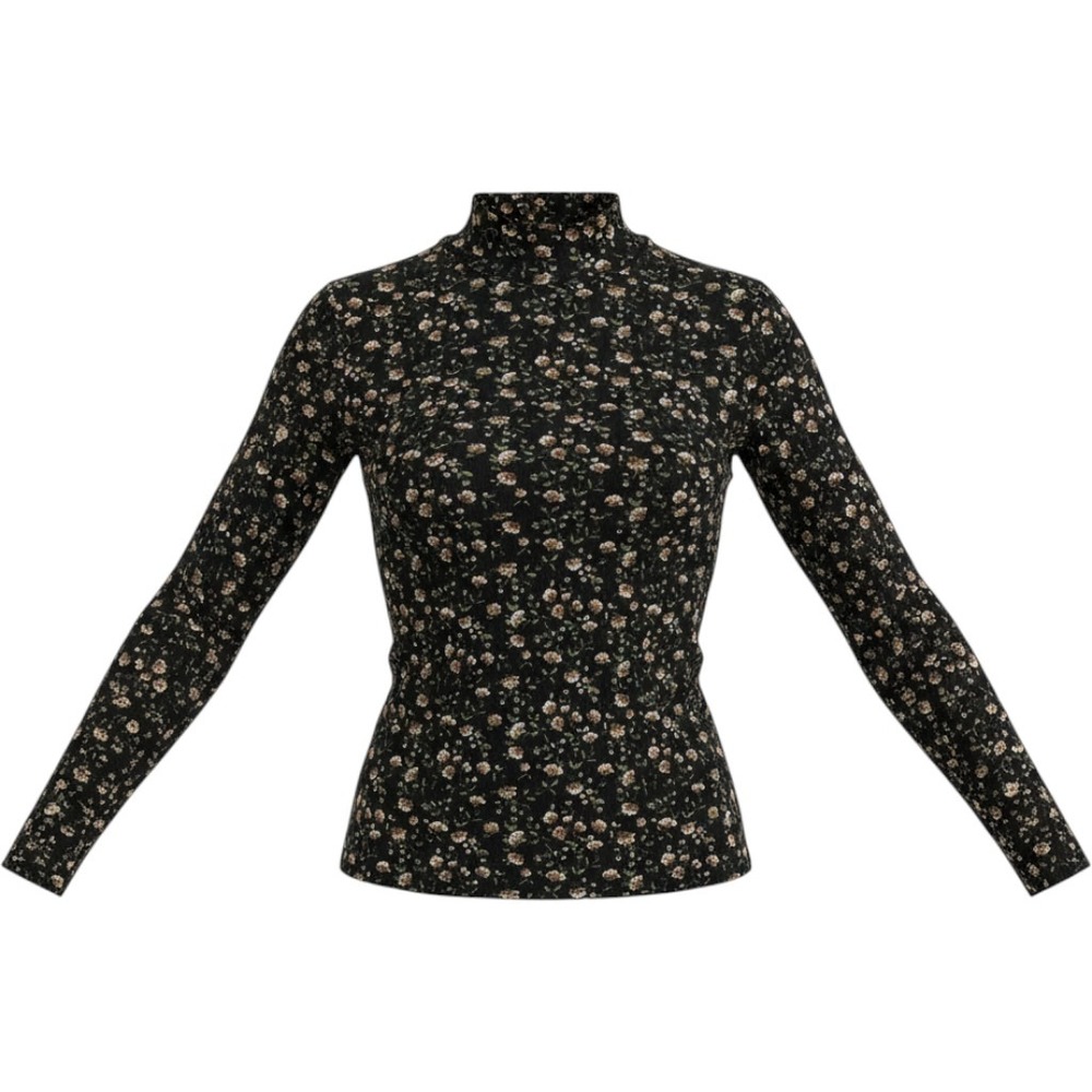 Sezane Felix Top L Black Floral Ribbed Organic Cotton Mock Neck S242PUL09